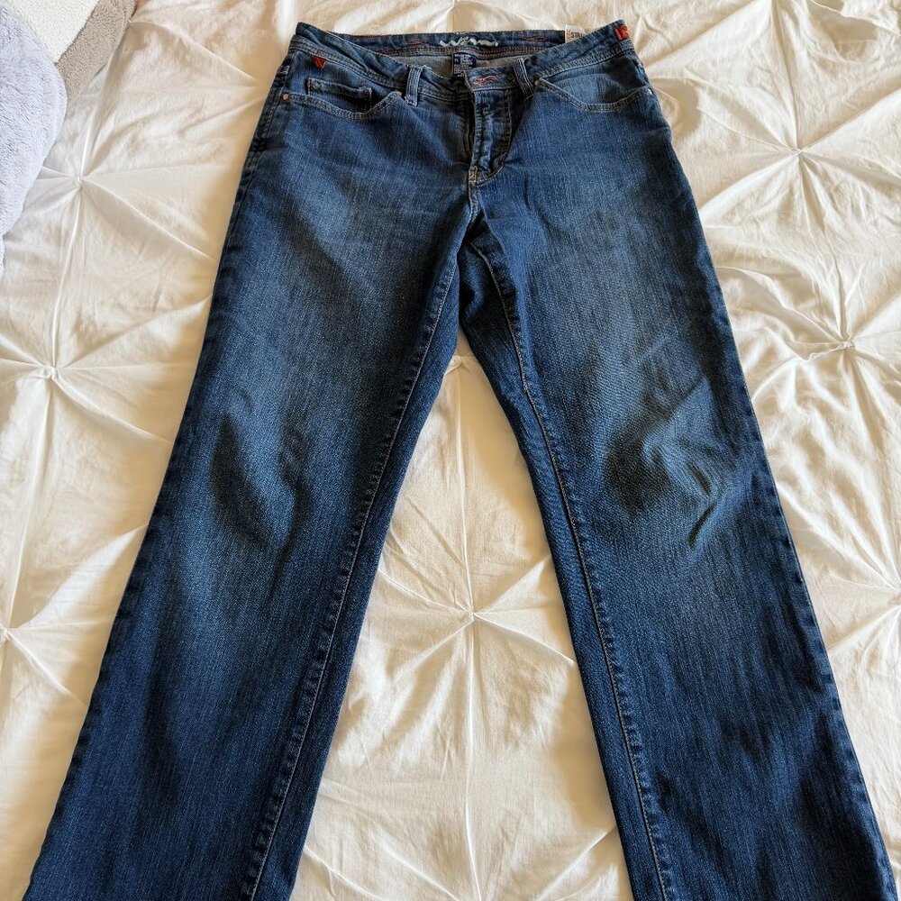 WÖRN Age Denim Straight Leg Jeans 32x34 Medium Dark Indigo W Rivets Pinstripe